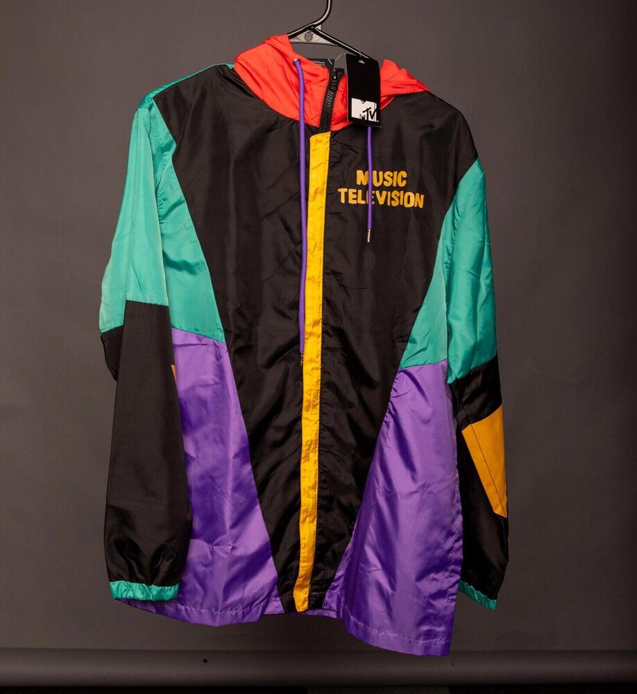 Retro MTV Music Television 2020 Windbreaker Jacket Hooded Colorblock Full ZIP L